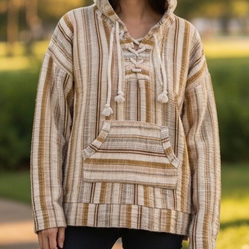 SO Striped‎ Pullover Hoodie Lace Up Pocket Brown Pink Size M Boho Cottagecore